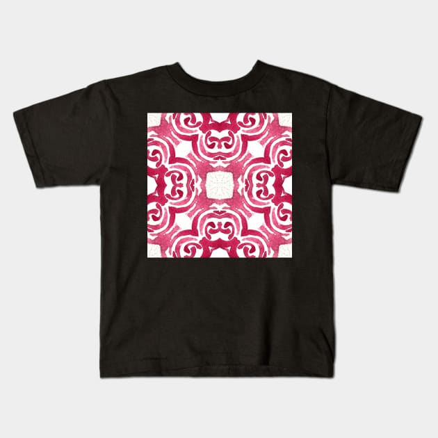 Abstract watercolour rococo pattern in enchanting reds, organic swirls and roses mandala style Kids T-Shirt by FrancesPoff